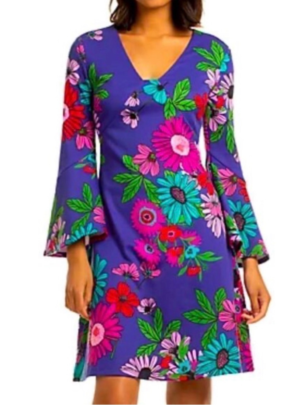 Trina Turk Floral Bell Sleeve Dress Tenderness Size 6 Purple Floral Fit & Flare